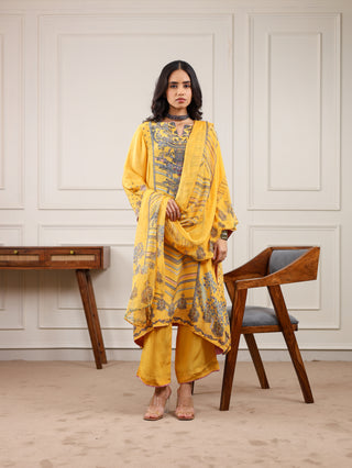 Sunshine Yellow Crepe Suit - Stitched - Yellow Grey Suit