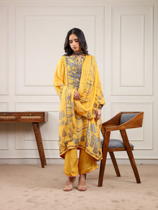 Sunshine Yellow Crepe Suit - Stitched - Yellow Grey Suit