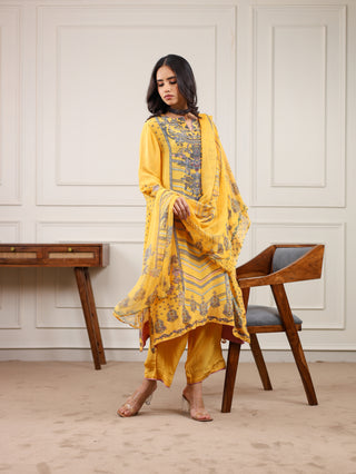 Sunshine Yellow Crepe Suit - Stitched - Yellow Grey Suit