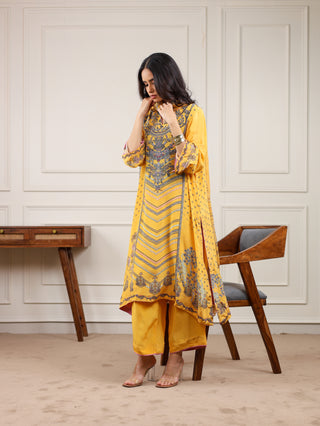 Sunshine Yellow Crepe Suit - Stitched - Yellow Grey Suit