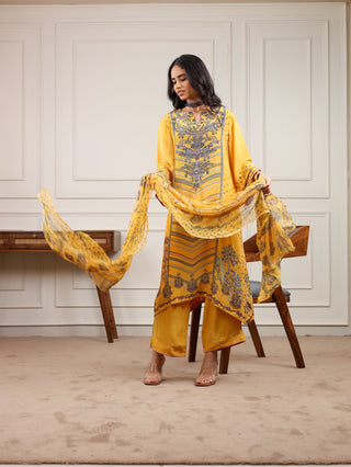 Sunshine Yellow Crepe Suit - Stitched - Yellow Grey Suit
