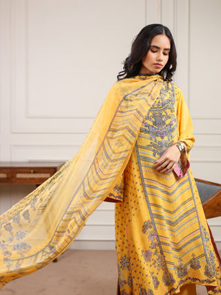 Sunshine Yellow Crepe Suit - Stitched - Yellow Grey Suit
