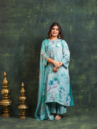Azure Crepe Suit in Light Blue- Stitched