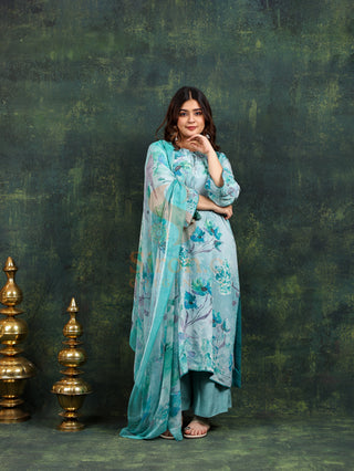 Azure Crepe Suit in Light Blue- Stitched