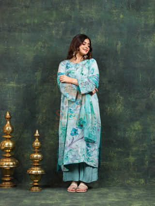 Azure Crepe Suit in Light Blue- Stitched