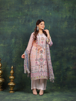 Pink Streak Crepe Suit in Pink- Stitched