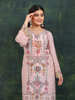 Pink Streak Crepe Suit in Pink- Stitched