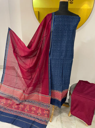 Maheshwari Cotton Printed Collection-Blue Red Suit