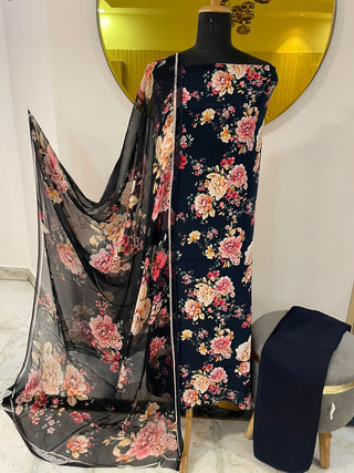 Jet Black Yellow Digital Print Crepe Suit- Unstitched