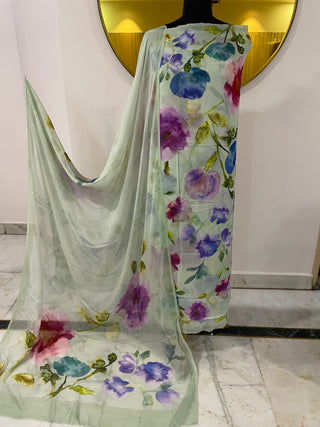 SironC Floral Georgette Printed-Mint Green Purple Suit