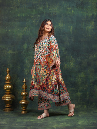 Digital Crepe 2 Pc Collection (Shirt Bottom)-Stitched-Ivory Orange Multi Set