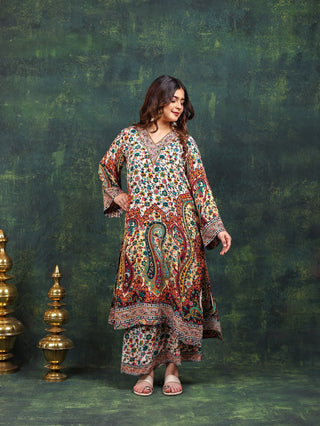 Digital Crepe 2 Pc Collection (Shirt Bottom)-Stitched-Ivory Orange Multi Set