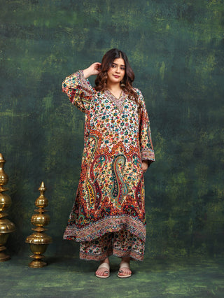 Digital Crepe 2 Pc Collection (Shirt Bottom)-Stitched-Ivory Orange Multi Set