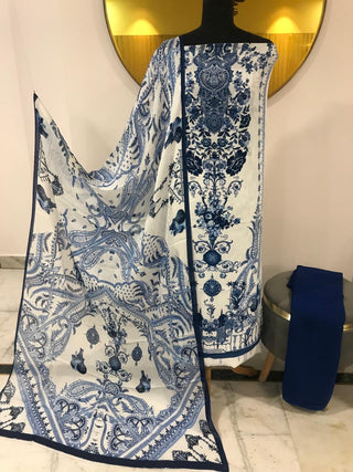 Siron C Digital Crepe Printed- Blue White Motif Suit
