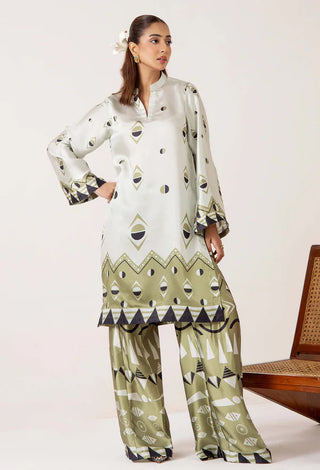 Adan Libas Shamoz Silk 2 Pc Printed Collection -Green Black Set