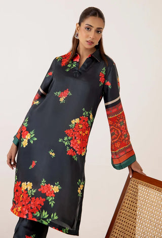 Adan Libas Shamoz Silk 2 Pc Printed Collection -Black Red Set