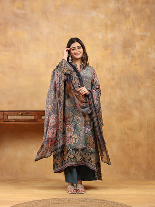 Equipoise Grey Crepe Suit- Digitally Printed -Stitched