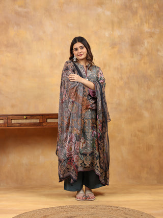 Equipoise Grey Crepe Suit- Digitally Printed -Stitched