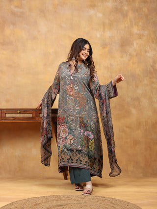 Equipoise Grey Crepe Suit- Digitally Printed -Stitched