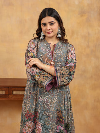 Equipoise Grey Crepe Suit- Digitally Printed -Stitched