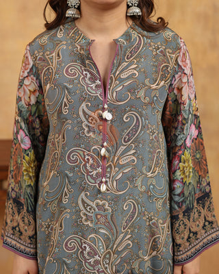 Equipoise Grey Crepe Suit- Digitally Printed -Stitched