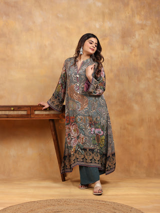 Equipoise Grey Crepe Suit- Digitally Printed -Stitched