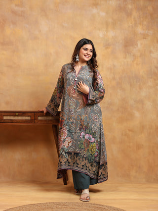Equipoise Grey Crepe Suit- Digitally Printed -Stitched
