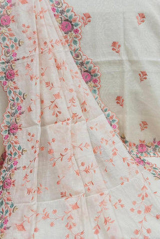 Siron C  Designer Mul Chanderi Embroidered Collection -Creme Rust Pink Suit