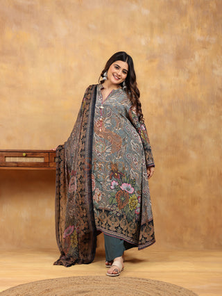 Equipoise Grey Crepe Suit- Digitally Printed -Stitched