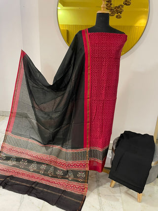 Maheshwari Cotton Printed Collection-Bright Red Black Suit