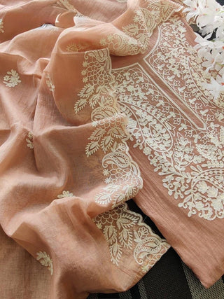Siron C Mal Chanderi Applique Embroidery Suit Set- Peach
