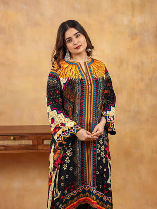 Digital Crepe 2 Pc Collection (Shirt Bottom)-Stitched-Black Yellow Set