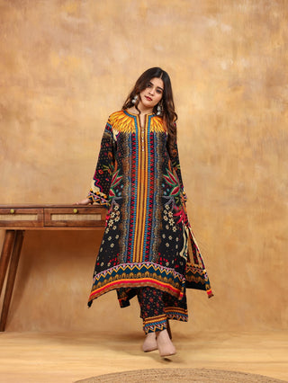 Digital Crepe 2 Pc Collection (Shirt Bottom)-Stitched-Black Yellow Set
