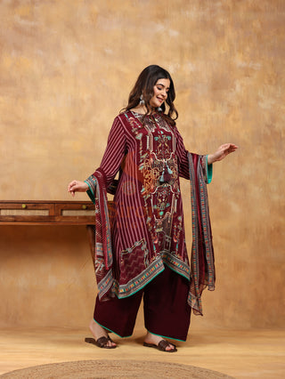 Aztec Maroon Crepe Suit- Digitally Printed - Stitched