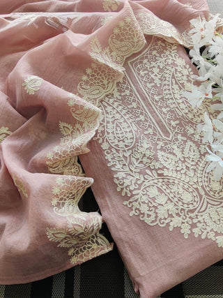 Siron C Mal Chanderi Applique Embroidery Suit Set- Pink