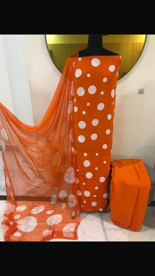 Polka Crepe Digital Printed-Orange White Suit