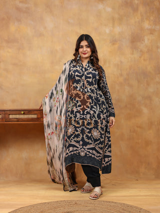 Black with Paisley Crepe Suit- Digitally Printed -Stitched