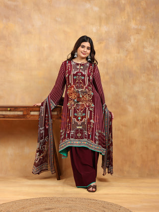 Aztec Maroon Crepe Suit- Digitally Printed - Stitched