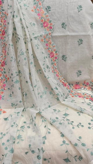 Siron C  Designer Mul Chanderi Embroidered Collection -Creme  Green Suit