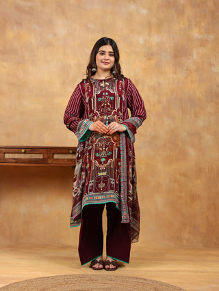 Aztec Maroon Crepe Suit- Digitally Printed - Stitched