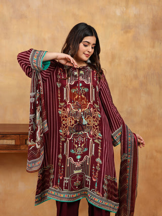 Aztec Maroon Crepe Suit- Digitally Printed - Stitched