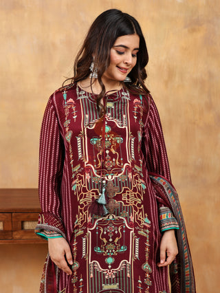Aztec Maroon Crepe Suit- Digitally Printed - Stitched