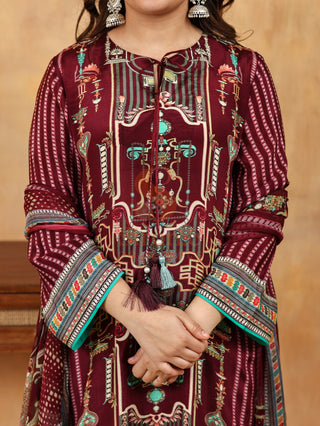Aztec Maroon Crepe Suit- Digitally Printed - Stitched