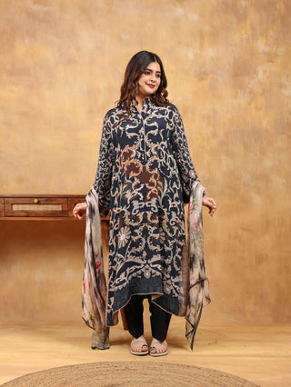 Black with Paisley Crepe Suit- Digitally Printed -Stitched