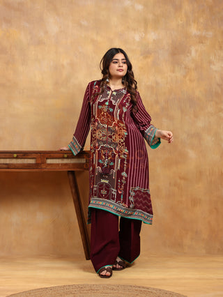 Aztec Maroon Crepe Suit- Digitally Printed - Stitched