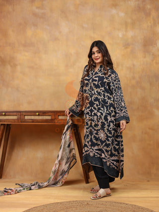 Black with Paisley Crepe Suit- Digitally Printed -Stitched