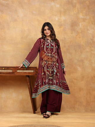 Aztec Maroon Crepe Suit- Digitally Printed - Stitched