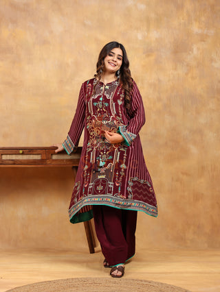 Aztec Maroon Crepe Suit- Digitally Printed - Stitched