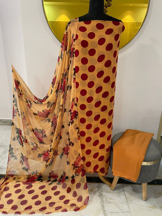 SironC Floral Georgette Printed-Polka Peach Red Suit