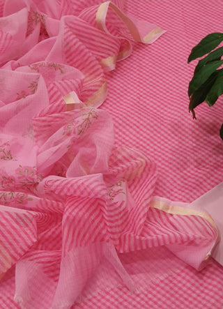 Kota Doriya Lehriya Zari Border Printed- Pink Suit